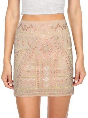 Nude Beaded Embroidered Aztec‎ Mini Skirt